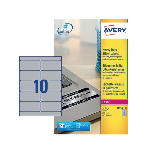 Avery Laser Label H-Duty 10 Per Sheet Silver (Pack of 200) L6012-20 - Avery UK - AV13612 - McArdle Computer and Office Supplies
