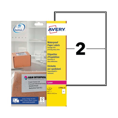 Avery waterproof paper labels are resistant to water, prolonged UV exposure, abrasion and chemicals/solvents, meaning that they stay intact without smudging the address. These shipping labels are suitable for laser printing and are ideal for use on any packaging materials including polythene or Tyvek envelopes. The special waterproof paper material and adhesive will resist 90 days immersion in sea water and temperature variations (-30 to 100 degrees Celsius) to give a waterproof paper label that remains easy to read. The free Avery Design & Print software offers personalisation, logos and business branding plus free templates including 'fragile' and 'this way up' to help keep parcels safe on their journey. Each white label measures 199 x 143mm and this pack contains 25 A4 sheets, with 2 labels per sheet (50 labels in total). Redeem an Avery voucher or a shopping voucher worth up to £15! (averyrewardsclub.co.uk).