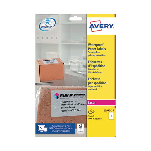 Avery Waterproof Paper Label 199x289mm 1 Per Sheet (Pack of 25) L7997-25