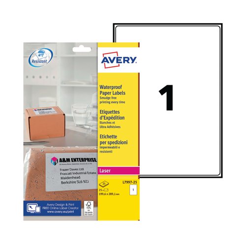 Avery Waterproof Paper Label 199x289mm 1 Per Sheet (Pack of 25) L7997-25 AV14621 Buy online at Office 5Star or contact us Tel 01594 810081 for assistance