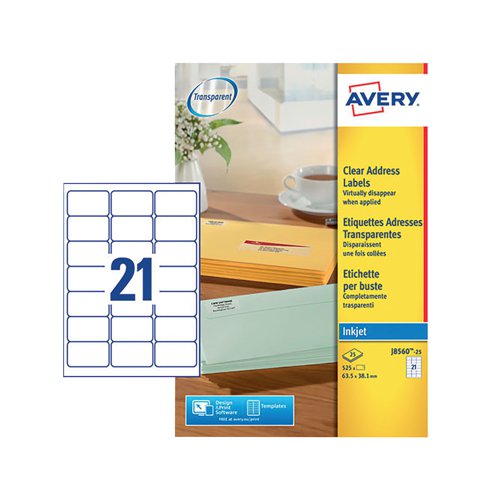 Avery Inkjet Address Labels 21 Per Sheet Clear (Pack of 525) J8560-25 - Avery UK - AV17845 - McArdle Computer and Office Supplies