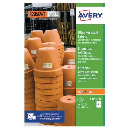 Avery Ultra Resistant Labels Laser 2TV 210x148.5mm White B3655-20 [Pack of 40]