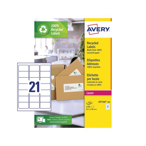 These environmentally friendly Avery address labels are 100% recycled (including the backing sheet) and are suitable for use with most laser printers, with jam free technology for clean, reliable printing. The Avery QuickPEEL feature allows easy application with excellent adhesion. Each white address label measures 63.5 x 38.1mm. This pack contains 100 A4 sheets, with 21 labels per sheet (2100 labels in total). Redeem an Avery voucher or a shopping voucher worth up to £15! (averyrewardsclub.co.uk).