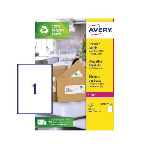 These environmentally friendly Avery parcel labels are 100% recycled (including the backing sheet) and are suitable for use with most laser printers, with jam free technology for clean, reliable printing. The Avery QuickPEEL feature allows easy application with excellent adhesion. Each white parcel label measures 199.6 x 289.1mm. This pack contains 100 A4 sheets, with 1 label per sheet (100 labels in total). Redeem an Avery voucher or a shopping voucher worth up to £15! (averyrewardsclub.co.uk).