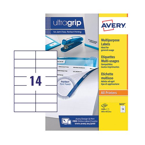 These handy Avery Ultragrip multipurpose labels are compatible with most laser and inkjet printers, including multifunctional devices and photocopiers. Designed to be jam free, the labels provide reliable results with sharp prints and excellent adhesion. Ideal for a variety of labelling applications, these white labels measure 105 x 42.3mm. This pack contains 100 A4 sheets with 14 labels per sheet (1400 labels in total).