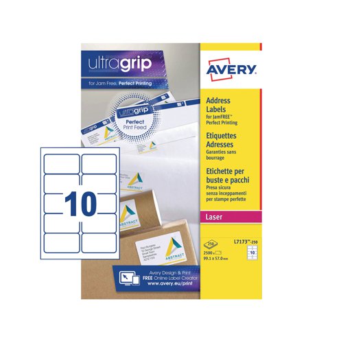 Avery Ultragrip Laser Labels 99.1x57mm White (Pack of 2500) L7173-250 - Avery UK - AV98883 - McArdle Computer and Office Supplies