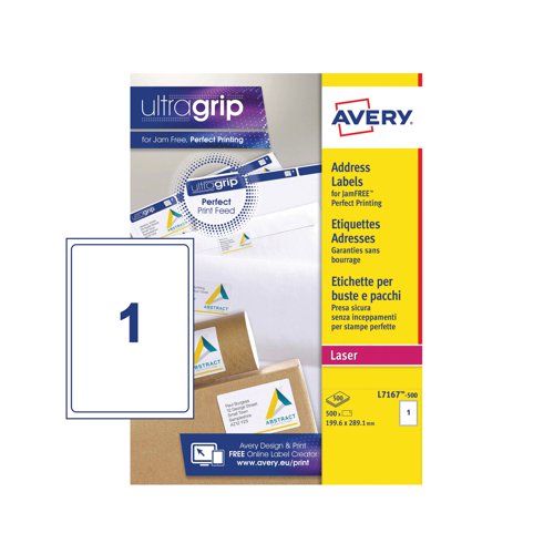 Avery Ultragrip Laser Labels 199.6x289.1mm Wht (Pack of 500) L7167-500 - Avery UK - AV98885 - McArdle Computer and Office Supplies