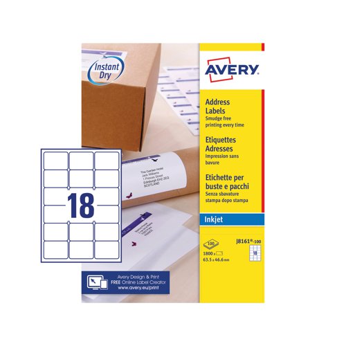 For use with inkjet printers, these Avery address labels feature QuickDry technology for smudge-free printing. The labels provide outstanding print quality and excellent adhesion for reliable, professional mailing. Each white label measures 63.5 x 46.6mm. This pack contains 100 A4 sheets, with 18 labels per sheet (1800 labels in total). Redeem an Avery voucher or a shopping voucher worth up to £15! (averyrewardsclub.co.uk).