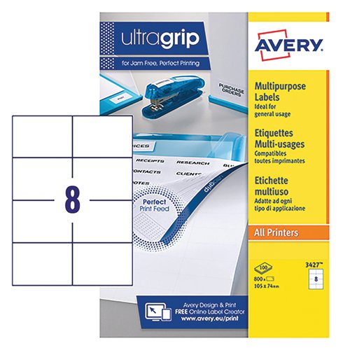 These handy Avery Ultragrip multipurpose labels are for use in most laser and inkjet printers, including multifunctional devices and photocopiers. Designed to be jam free, the labels provide reliable results with sharp prints and excellent adhesion. Ideal for a variety of labelling applications, these white labels measure 105 x 74mm. This pack contains 100 A4 sheets with 8 labels per sheet (800 labels in total).