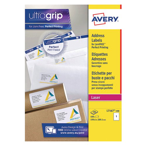 Avery Ultragrip Laser Labels 199.6x289.1mm Wht (Pack of 100) L7167-100