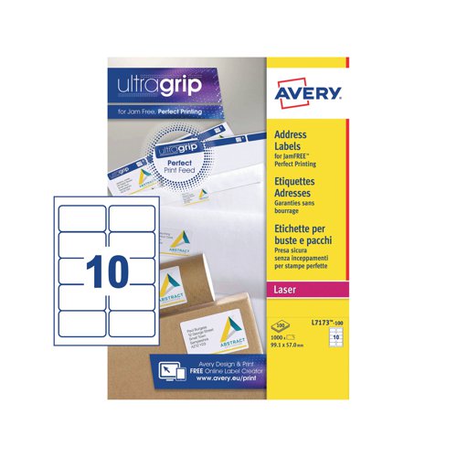 AVL7173 | With these easy to use Ultragrip labels, you can address envelopes in no time at all. Avery's patented, QuickPEEL system, simply divides the labels along the perforation lines to expose the edges, peel and stick to your envelope. Perfect for envelopes, they are fully compatible with your laser printer and guarantee a jam free print for instant, professional labelling. These eco-friendly labels can be fully recycled and are made using environmentally sound materials. This pack contains 100 sheets with 10 labels per sheet (1000 labels in total). Redeem an Avery voucher or a shopping voucher worth up to £15! (averyrewardsclub.co.uk).