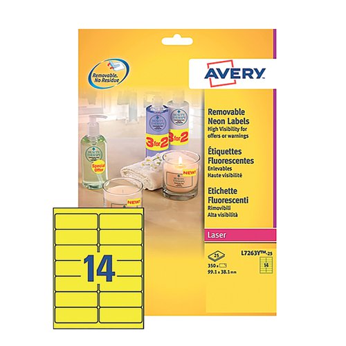 Avery Laser Label 99.1x38.1mm Neon Yellow (Pack of 350) L7263-25 AVL7263