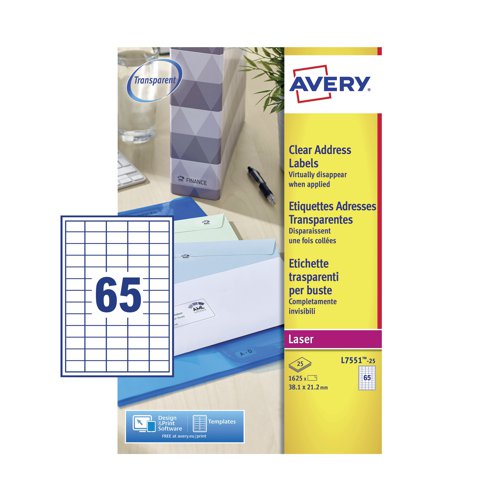 These innovative Avery clear labels enable your envelopes to stand out and look professional. By printing a return address onto these transparent labels, it will look as though you have printed directly on to the packaging for a chic, executive appearance. Fully compatible with the full range of LaserJet printers, you can apply them to any colour envelope and the label will virtually disappear leaving you with clean, professional addresses. This pack contains 1625 labels, with 25 sheets and 65 each sheet.