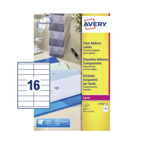 Avery Clear Laser Labels 99x34mm (Pack of 400) L7562-25 AVL7562S Buy online at Office 5Star or contact us Tel 01594 810081 for assistance