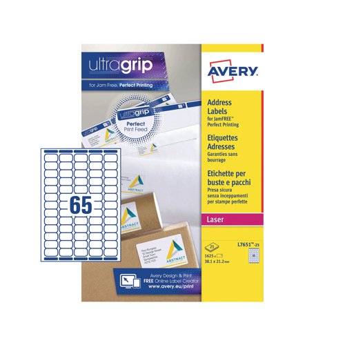 Avery Laser Labels 38.1 x 21.2mm White (Pack of 1625) L7651-25 - AVL7651