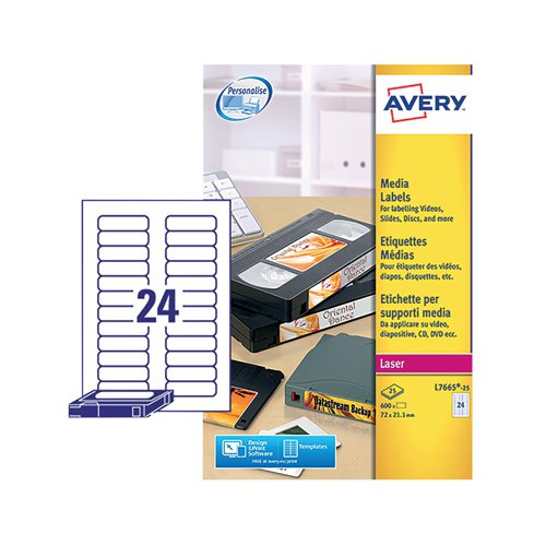 AVL7665 | These Avery mini data cartridge labels are specifically designed to fit to your data cartridges and enable more efficient and neater indexing. Permanent adhesive ensures secure adhesion to your cartridges without peeling over time. Customise your labels with a company logo or font using Avery's free template software and print them in your home or office using your own laser printer, no need for special equipment. Save both time and money by using these printable labels to catalogue your data. This pack contains 25 sheets with 24 labels per sheet (600 labels in total).