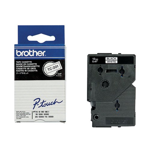 Brother P-Touch TC-201 Tape Cassette 12mm Black on White Gloss Tape TC201