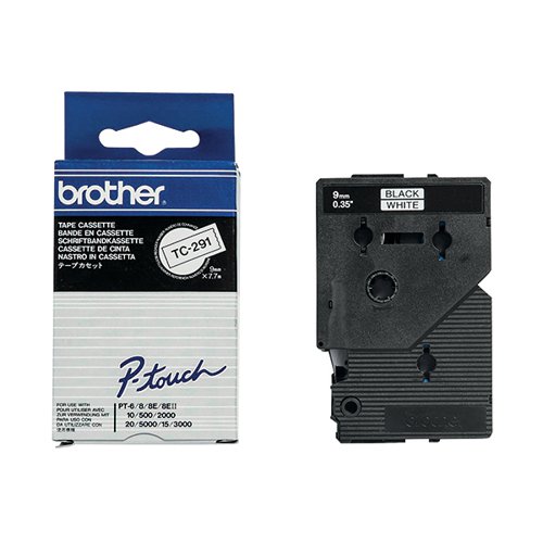 Brother P-Touch TC-291 Tape Cassette 9mm Black on White Gloss Tape TC291