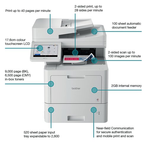 The Brother MFC-L9630CDN is an all-in-one colour professional workgroup laser printer for printing, copying, scanning and faxing with impressive colour outputs and excellent paper handling options. Comes with a high yield in-box toner to considerably reduce print spend. Features a fast print speed up to 40 pages per minute, including 2-sided printing (28 sides per minute). Comes with Cloud Secure Print so you can securely print without installing additional drivers or apps. Has built-in support for the latest industry-standard security protocols to keep your data secure. Identity management and access controls help to reduce risk with selective user restriction and allows selective users and authorised employees instant access to specific settings and functions. Supplied with a 520 sheet paper tray, expandable to 2,600 sheets; multipurpose tray with capacity for 100 sheets, 15 envelopes; automatic document feeder for 100 sheets. Scans with the dual contact image sensor. Scanner function supports PDF, JPEG, TIFF and XPS file formats. Scan to USB, E-mail, OCR, image and file. Direct scan to USB flash memory storage. Colour and mono scan up to 100 ipm. Optical scan resolution of up to 600 x 600dpi. Fax modem 33,600bps (Super G3), with automatic 2-sided faxing. Includes i-fax, which can fax documents over the internet as an email attachment. Features automatic redial if recipient fax is busy, chain dialling, error correction mode, batch transmission, auto reduction, broadcasting (send the same fax to up to 299 locations) and much more.