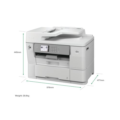 This Brother all-in-one colour inkjet printer with A3/large format capability. For A3 and A4 printing and scanning, capable of printing on a roll of paper. To easily print banners, posters, panoramic photos and promotional signage, all cut to size with the automatic cutter. Provides wired and wireless connectivity. Near-field communication (NCF) for secure authentication, mobile print and scan. Prints up to 30ipm. Automatic 2-sided A3 print, scan copy and fax. Features standard tray with 250 sheet capacity, a lower tray with 500 sheet capacity and takes 1 paper roll. ADF has a capacity of 297mm width, and length 148mm to 431.8mm.