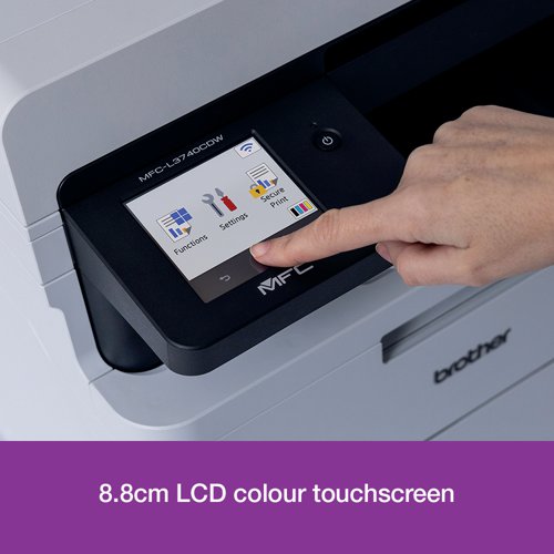 Brother colour LED printers are expertly engineered to help boost productivity in your home or small office. The Brother MFC-L3740CDW A4 colour LED multi-function printer can print, copy, scan and fax. Providing excellent quality and fast print and copy speeds of up to 18 ppm mono/colour. With a scan resolution of up to 1200 x 1200 dpi (mono and colour), able to scan up to 27 ipm mono/21 ipm colour, includes Scan to email, image, OCR, file, FTP, network folder (Windows only), SharePoint. With a 33,600 bps Super GS Fax, capable of PC Fax send and receive, and up to 350 location broadcast. Designed to be quiet, with a user-friendly interface, ready to begin printing straight out of the box. This printer utilises LED technology to produce professional quality colour prints, adding impact to those important documents. With an internal memory of 512MB of direct data to easily process your documents. Secure by design, it uses triple-layer security at a device, network and document level, with the latest industry-standard security features to securely protect your data, maintaining the integrity of your data at every step. Connect with Gigabit Ethernet, Hi-Speed USB 2.0, Wireless 2.4 and 5GHz with Wi-Fi Direct and Mobile printing via Mobile Connect, Brother Print Services Plug-in, AirPrint, Mopria, Brother apps and WebConnect. Manual 2-sided printing. A generous 250 sheet paper tray capacity 50 sheet ADF and a manual feed single sheet slot. All controlled via an 8.8cm colour touchscreen. Supplied with a 1,000 page yield black and colour in-box toner.