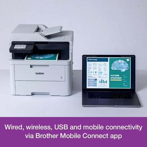 Brother colour LED printers are expertly engineered to help boost productivity in your home or small office. The Brother MFC-L3740CDW A4 colour LED multi-function printer can print, copy, scan and fax. Providing excellent quality and fast print and copy speeds of up to 18 ppm mono/colour. With a scan resolution of up to 1200 x 1200 dpi (mono and colour), able to scan up to 27 ipm mono/21 ipm colour, includes Scan to email, image, OCR, file, FTP, network folder (Windows only), SharePoint. With a 33,600 bps Super GS Fax, capable of PC Fax send and receive, and up to 350 location broadcast. Designed to be quiet, with a user-friendly interface, ready to begin printing straight out of the box. This printer utilises LED technology to produce professional quality colour prints, adding impact to those important documents. With an internal memory of 512MB of direct data to easily process your documents. Secure by design, it uses triple-layer security at a device, network and document level, with the latest industry-standard security features to securely protect your data, maintaining the integrity of your data at every step. Connect with Gigabit Ethernet, Hi-Speed USB 2.0, Wireless 2.4 and 5GHz with Wi-Fi Direct and Mobile printing via Mobile Connect, Brother Print Services Plug-in, AirPrint, Mopria, Brother apps and WebConnect. Manual 2-sided printing. A generous 250 sheet paper tray capacity 50 sheet ADF and a manual feed single sheet slot. All controlled via an 8.8cm colour touchscreen. Supplied with a 1,000 page yield black and colour in-box toner.