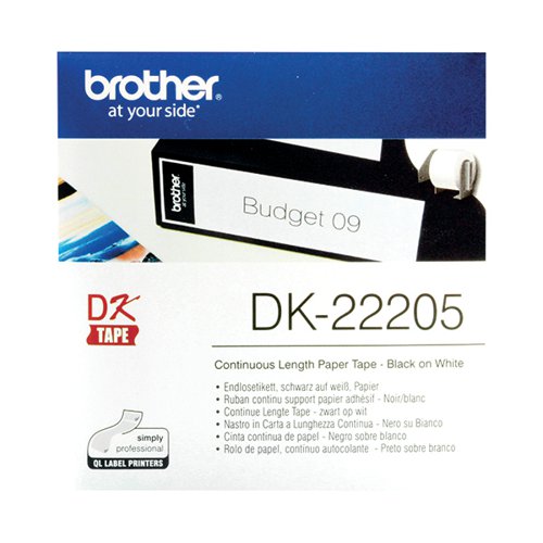 Brother Continuous Paper Labelling Tape 62mm x 30.48m Black on White DK22205