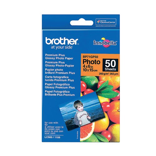 BA65843 | Brother Premium Plus Glossy photo paper, each sheet measures 100x150mm (4x6 inches), for photos which are reproduced crisply and cleanly. Carefully designed and expertly engineered to provide you with the best possible results. Ideal for printing photos. Quality gloss coating and sturdy 260gsm paper ensures your prints last longer. Pack contains 50 sheets.