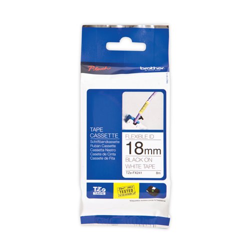 Brother P-Touch TZe Laminated Tape Cassette 18mmx8m Black/White Flexible ID Labelling Tape TZE-FX241 BA69205 Buy online at Office 5Star or contact us Tel 01594 810081 for assistance