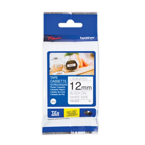 Brother P-Touch TZe Laminated Tape Cassette 12mm x 4m Black on White Tape TZE231S2