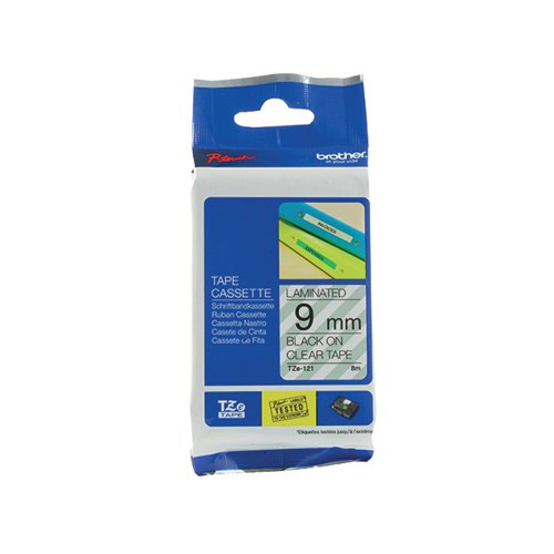 Brother P-Touch TZe Laminated Tape Cassette 9mm x 8m Black on Clear Tape TZE121