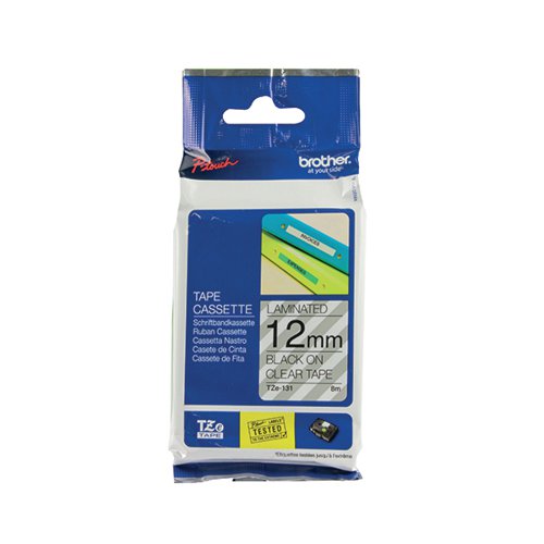 Brother P-Touch TZe Laminated Tape Cassette 12mm x 8m Black on Clear Tape TZE131