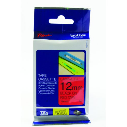 Brother P-Touch TZE Label Tape 12mm x 8m Black on Red TZe-431