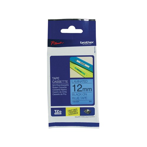 Brother P-Touch TZe Laminated Tape Cassette 12mm x 8m Black on Blue Tape TZE531