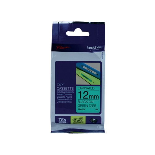 Brother P-Touch 12mm Black on Green TZE731 Labelling Tape TZE731
