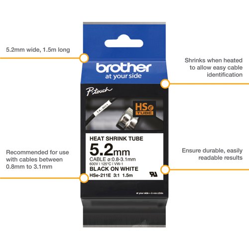 Brother HSe Heat Shrink Tube Tape Cassette 5.2mm x 1.5m Black on White HSE211E Label Tapes BA82271