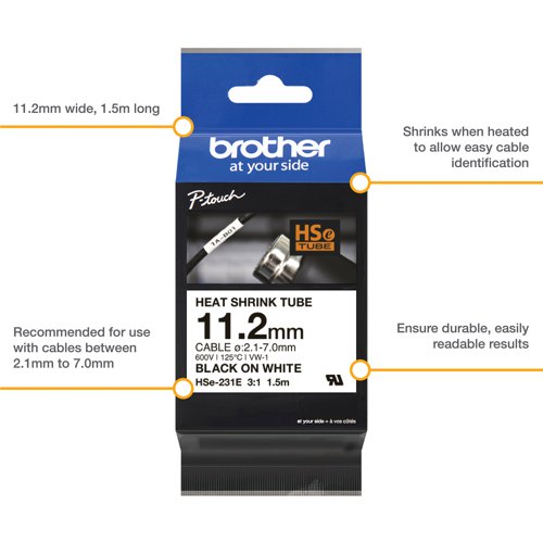 BA82282 Brother Hse Heat Shrink Tube Tape Cassette 11.2mm x 1.5m Black on White HSE231E