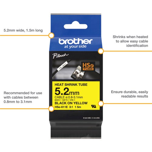 Brother HSe Heat Shrink Tube Tape Cassette 5.2mm x 1.5m Black on Yellow HSE611E Label Tapes BA82288