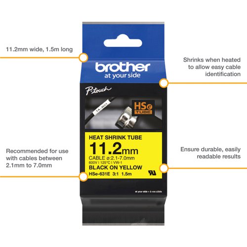 Brother Hse Heat Shrink Tube Tape Cassette 11.2mm x 1.5m Black on Yellow HSE631E Label Tapes BA82292