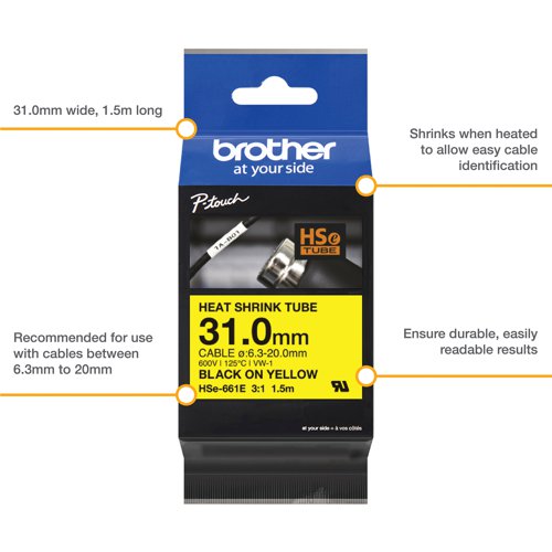 Brother Hse Heat Shrink Tube Tape Cassette 31.0mm x 1.5m Black on Yellow HSE661E