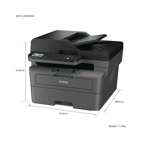 Work smarter from anywhere at home or in the office with the easily connected Brother MFC-L2800DW mono all-in-1 laser printer. With a 128MB internal memory. Secure by design, it uses triple-layer security at a device, network and document level, for peace of mind and guarantees that the integrity of your data is maintained. Designed to increase efficiency, with fast print speeds, a 50 sheet automatic document feeder (ADF) and 2-sided print feature to save you time. Fast flawless printing and copying of up to 32 ppm with a resolution of up to 1200 x 1200 dpi (printing) and 600 x 600 dpi (copying) with automatic 2-sided print. Quick scan speeds of up to 22.5ipm (1-sided, mono) and 7.5ipm colour. Fax modem with 33,600bps (Super G3), send the same fax message to up to 260 locations, a memory transmission of up to 400 pages. A generous 250 sheet paper tray capacity. Connect with Hi-Speed USB 2.0, Wireless, Wi-Fi Direct. Mobile and Web connectivity: Brother Mobile Connect, Brother Print Service Plugin, Mopria (Android), Brother Mobile Connect (iPad/iphone), Apple AirPrint, Brother apps. A quiet mode to reduce the printing noise. All controlled via a 2 line LCD with keys. Supplied with a 700 page yield toner.