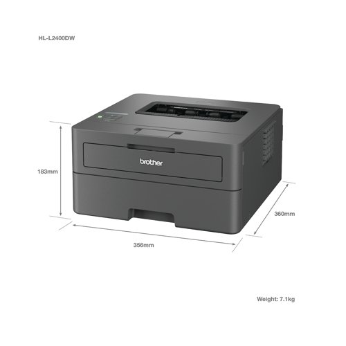 Work smarter from anywhere at home or in the office with the easily connected Brother HL-L2400DW mono A4 laser printer. With a 64MB memory. The HL-L2400DW provides a range of robust features. It uses triple-layer security at a device, network and document level, for peace of mind and guarantees that the integrity of your data is maintained. Hosting a range of efficiency-boosting features, this mono laser printer saves you time with fast flawless printing, automatic 2-sided print of up to 15 sides per minute and a generous 250 sheet paper tray capacity. Print speed of up to 30 ppm. A quiet mode to reduce the printing noise. Connect with Hi-Speed USB 2.0, Wireless, Wi-Fi Direct. Mobile and Web connectivity: Brother Mobile Connect, Brother Print Service Plugin, Mopria (Android), Brother Mobile Connect (iPad/iphone), Apple AirPrint. A quiet mode to reduce the printing noise. All controlled via a 1 line LCD with keys. Supplied with a 700 page yield toner.