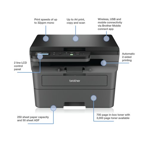 Work smarter from anywhere at home or in the office with the easily connected Brother DCP-L2620DW mono A4 multi-function laser printer. With a 128MB memory. Secure by design, it uses triple-layer security at a device, network and document level, for peace of mind and guarantees that the integrity of your data is maintained. Hosting a range of efficiency-boosting features, this 3-in-1 mono laser multifunction printer saves you time with fast flawless printing, copying and scanning. 1-sided printing and copying of up to 32 copies per minute, with a resolution of up to 1200 x 1200 dpi (printing) and 600 x 600 dpi (copying), automatic 2-sided printing of up to 16 sides per minute. The contact image sensor (CIS) scanner provides colour and mono scanning, 1200 x 1200dpi. A generous 250 sheet paper tray capacity. Connect with Hi-Speed USB 2.0, Wireless, Wi-Fi Direct. Mobile and Web connectivity: Brother Mobile Connect, Brother Print Service Plugin, Mopria (Android), Brother Mobile Connect (iPad/iphone), Apple AirPrint. A quiet mode to reduce the printing noise. All controlled via a 2 line LCD control panel. Supplied with a 700 page yield toner.