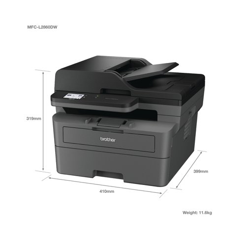 Work smarter from anywhere at home or in the office with the easily connected Brother MFC-L2860DW mono A4 all-in-1 laser printer. With a 256MB internal memory. Secure by design, it uses triple-layer security at a device, network and document level, for peace of mind and guarantees that the integrity of your data is maintained. Hosting a range of efficiency-boosting features, this all-in-1 mono laser printer saves you time with fast flawless printing and quick scan speeds, automatic 2-sided print, ADF and a generous 250 sheet paper tray capacity. 1-sided printing and copying of up to 34 copies per minute, with a resolution of up to 1200 x 1200 dpi (printing) 600 x 600 dpi (copying). The contact image sensor (CIS) scanner provides colour and mono scanning, 1200 x 1200 dpi. Fax modem with 33,600bps (Super G3), send the same fax message to up to 250 locations, a memory transmission of up to 500 pages. Connect with Hi-Speed USB 2.0, Wireless, Wi-Fi Direct. Mobile and Web connectivity: Brother Mobile Connect, Brother Print Service Plugin, Mopria (Android), Brother Mobile Connect (iPad/iphone), Apple AirPrint, Web Connect. A quiet mode to reduce the printing noise. All controlled via a 6.8mm LCD touchscreen control panel. Supplied with an in-box toner with a page yield of up to 1,200 pages (black).