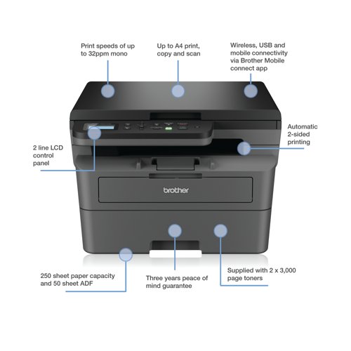 Work smarter from anywhere at home or in the office with the easily connected Brother DCP-L2627DWXL mono A4 3-in-1 laser printer. Supplied the all in box print bundle: 6,000 toner prints (2 x 3,000 page high yield toner cartridges) and a 3-year peace of mind guarantee. With a 128MB internal memory. Secure by design, it uses triple-layer security at a device, network and document level, for peace of mind and guarantees that the integrity of your data is maintained. Hosting a range of efficiency-boosting features, this 3-in-1 mono laser printer saves you time with fast flawless printing, copying and quick scan speeds. 1-sided copying and printing of up to 32 copies per minute, with a resolution of up to 600 x 600 dpi (copying), 1200 x 1200 dpi (printing). Automatic 2-sided printing and a generous 250 sheet paper tray capacity. The contact image sensor (CIS) scanner provides colour and mono scanning, 1200 x 1200dpi resolution. Connect with Hi-Speed USB 2.0, Wireless, Wi-Fi Direct. Mobile and Web connectivity: Brother Mobile Connect, Brother Print Service Plugin, Mopria (Android), Brother Mobile Connect (iPad/iphone), Apple AirPrint. A quiet mode to reduce the printing noise. All controlled via a 2 line LCD with keys control panel.