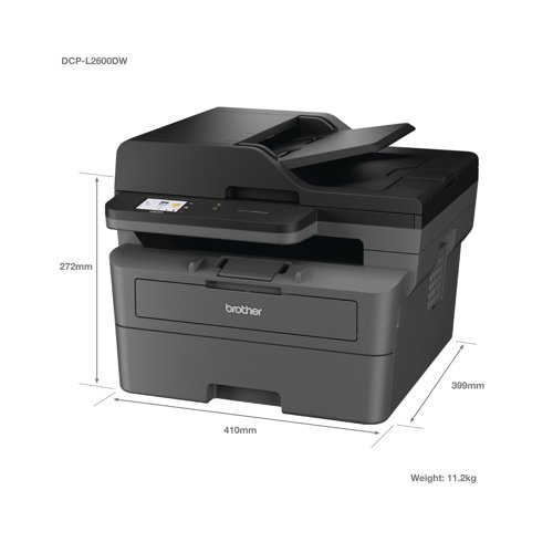 Work smarter from anywhere at home or in the office with the easily connected Brother DCP-L2660DW mono 3-in-1 laser printer. With a 256MB internal memory. Secure by design, it uses triple-layer security at a device, network and document level, for peace of mind and guarantees that the integrity of your data is maintained. Hosting a range of efficiency-boosting features, this 3-in-1 mono laser printer saves you time with fast flawless printing and copying of up to 34 ppm, with a resolution of up to 1200 x 1200 dpi (printing) and 600 x 600 dpi (copying), with automatic 2-sided print. Quick scan speeds of up to 22.5ipm 1-sided, mono and 7.5ipm colour. A generous 250 sheet paper tray capacity and 50 sheet automatic document feeder (ADF). Connect with Hi-Speed USB 2.0, Wireless, Wi-Fi Direct. Mobile and Web connectivity: Brother Mobile Connect, Brother Print Service Plugin, Mopria (Android), Brother Mobile Connect (iPad/iphone), Apple AirPrint, Brother apps, Web Connect. A quiet mode to reduce the printing noise. All controlled via a 6.8cm colour touchscreen panel. Supplied with a 1,200 page yield toner.