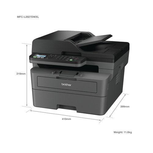 Work smarter from anywhere at home or in the office with the easily connected Brother MFC-L2827DWXL mono A4 all-in-1 laser printer. Supplied the all in box print bundle: 6,000 toner prints (2 x 3,000 page yield toner cartridges) and a 3-year peace of mind guarantee. With a 128MB internal memory. Secure by design, it uses triple-layer security at a device, network and document level, for peace of mind and guarantees that the integrity of your data is maintained. Hosting a range of efficiency-boosting features, this 3-in-1 mono laser printer saves you time with fast flawless printing and quick scan speeds, automatic 2-sided print. 1-sided printing and copying of up to 32 copies per minute, with a resolution of up to 1200 x 1200 dpi (printing) 600 x 600 dpi (copying). A generous 250 sheet paper tray capacity. The contact image sensor (CIS) scanner provides colour and mono scanning, 1200 x 1200 dpi. Fax modem with 33,600bps (Super G3), send the same fax message to up to 260 locations, a memory transmission of up to 400 pages. Connect with Hi-Speed USB 2.0, Wireless, Wi-Fi Direct. Mobile and Web connectivity: Brother Mobile Connect, Brother Print Service Plugin, Mopria (Android), Brother Mobile Connect (iPad/iphone), Apple AirPrint. A quiet mode to reduce the printing noise. All controlled via a 2 line LCD with keys control panel.