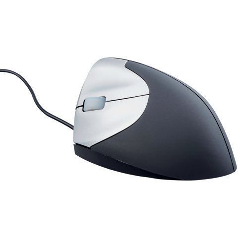 The Bakker Elkhuizen Handshake Wired Mouse is a mouse with a vertical grip. It has two buttons and a scroll wheel. The vertical mouse correctly reduces muscle tension. The ergonomic design ensures left hand arms and wrists are positioned in the correct posture. The mouse is designed for small and medium sized hands (hand widths up to 9 cm, excluding the thumb).