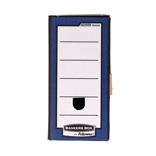 This Bankers Box premium transfer file features Fastfold automatic assembly and is suitable for storing both A4 and foolscap paperwork. This high strength transfer file also features an extra large spine label for quick and easy identification. Compatible with Bankers Box premium storage boxes, this pack contains 10 blue transfer files measuring W127 x D359 x H254mm.