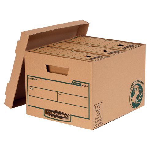 Ideal for long term and archival storage, this environmentally friendly Fellowes Bankers Box is made from 100% recycled board. Double layers of board on the end panels and base provide additional support in, with fold back handles for comfortable carrying. Stackable up to 3 high, this standard storage box measures W375 x D325 x H260mm (internal). This pack contains 10 brown storage boxes.